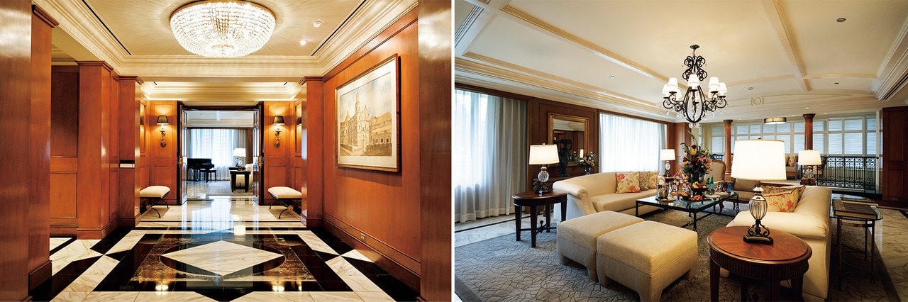 美しい大理石のホワイエの先に宮殿のごとく華やかな空間が広がる“ザ・ペニンシュラスイート”。