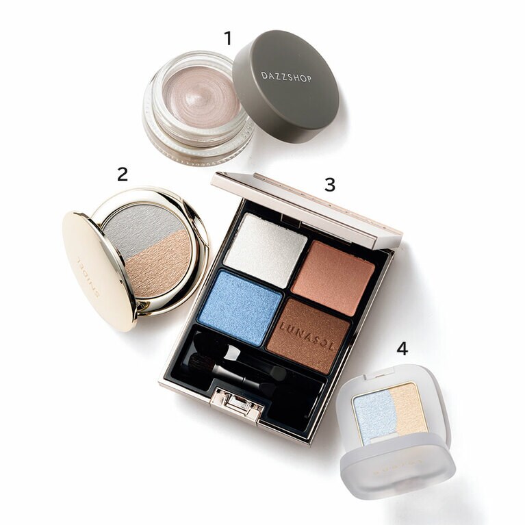 1：スパークリングジェム 25  2,750円／DAZZ SHOP 
2：シルキー タッチ アイズ EX04  2,970円／スナイデル ビューティ 
3：ルナソル アイカラーレーション EX19  6,820円(3/18限定発売)／カネボウ化粧品 
4：ペタル フロート アイシャドウ 12  2,420円／トーン