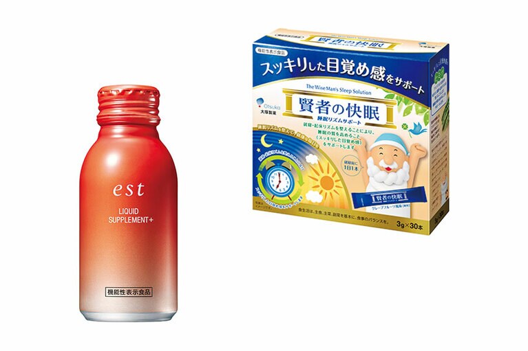 左：リキッドサプリメント+ 100mL×10本 5,400円／エスト 
右：賢者の快眠 睡眠リズムサポート 30包 5,378円／大塚製薬