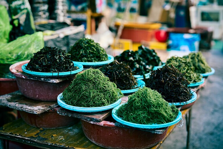 パレ（青海苔）ミヨッ（わかめ）トッ（ヒジキ）などの海藻類／国際市場（クッチェシジャン／국제시장）