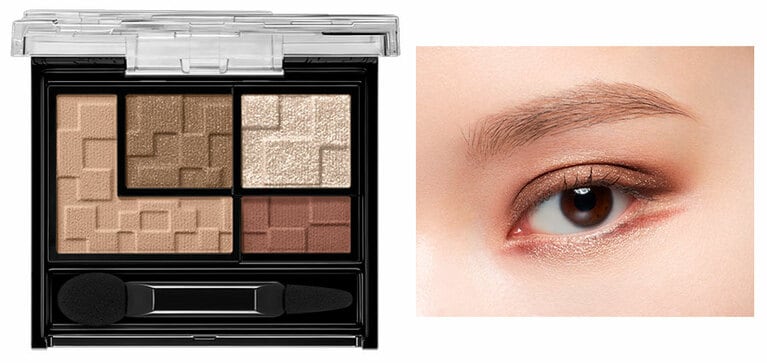 ケイト　バーチャルアイズメイカー BR-1 オモカゲ。ミルクコーヒーカラー、まぶたに自然な立体感を作る深みのあるブラウン、クールな印象のキラキラカラー、わずかに赤みを感じるブラウンの4色。