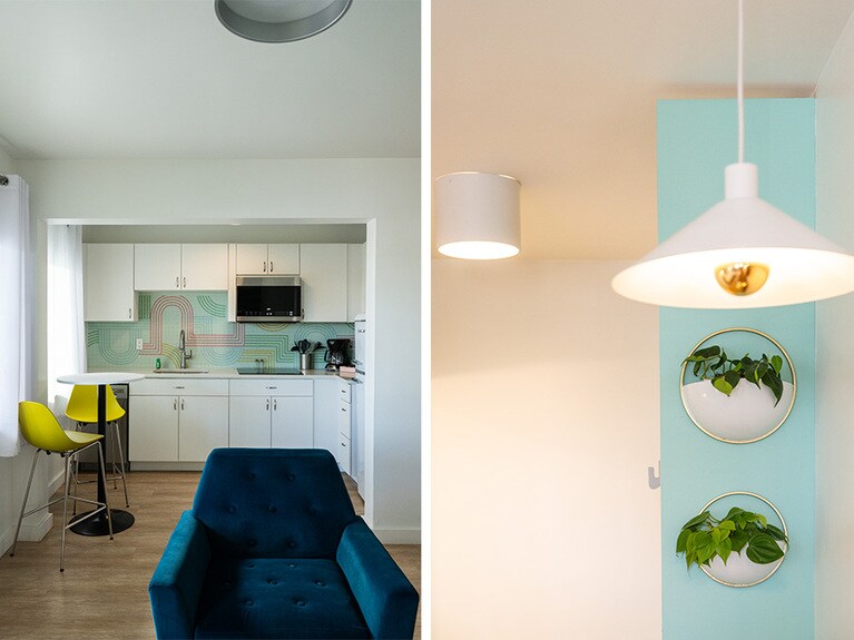 写真左：スイートタイプの客室はキッチン付き。写真右：植物を取り入れたリラックスできる空間演出も素敵。