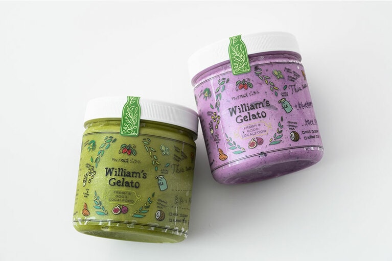 William's  Gelato「ジェラート」（各500ml）。左から：豆乳と抹茶 1,300円、ブルーベリーレアチーズ 1,400円 ※ブルーベリーレアチーズは7月～11月半ば頃の期間限定販売／愛知県