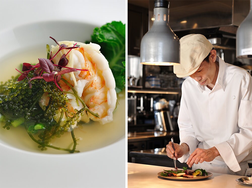 左：この一皿のために厳選した沖縄の天然海塩が、旨みを優しく引き立てる「沖縄産イセエビのマース煮」。
右：フランス料理ひと筋に、国内外での豊富な経験を誇る大橋 進シェフ。