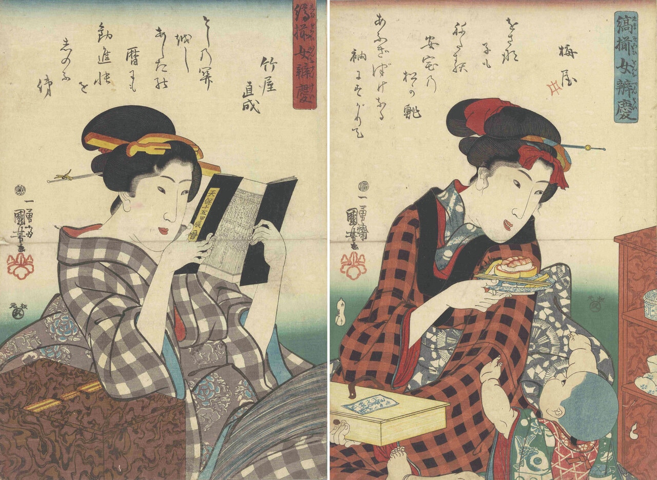 歌川国芳《縞揃女弁慶 暦を見る美人》(左)天保15年(1844)、都立中央図書館蔵 歌川国芳《縞揃女弁慶 安宅の松》(右)天保15年(1844)、都立中央図書館蔵 歌川国芳が弁慶縞の着物の女性を描いた連作「縞揃女弁慶」の2作。弁慶縞とは縦横に同じ太さの縞模様を組み合わせた格子柄で、名前は歌舞伎「勧進帳」の弁慶の衣装に由来。上は暦を見る美人、下は子どもに寿司を食べさせる若い女性。