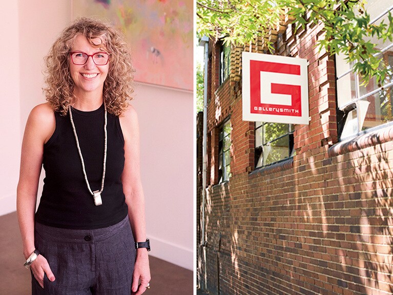 左：「この作品と住みたいなと思うものを見つけて下さい」とマリータ・スミス氏。右：ギャラリーは緑豊かな通りにある。