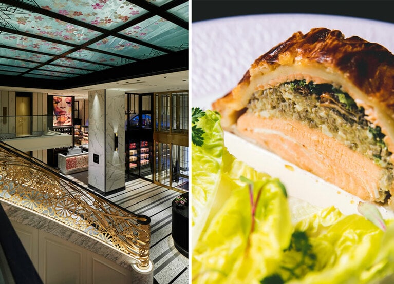 左：到着の瞬間から気分が上がるエントランス。 
右：「フォションパリ」の逸品、「クリビヤックブール ブランソース」なども味わえます。