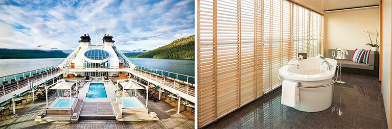 左：プールサイドを富士の湖のほとりになぞらえた「プールサイドレストラン＆バー 湖畔」。右：“MITSUI OCEAN スイート”の豪華なバスタブ。内装は異なるが全室にバスタブが付いている。