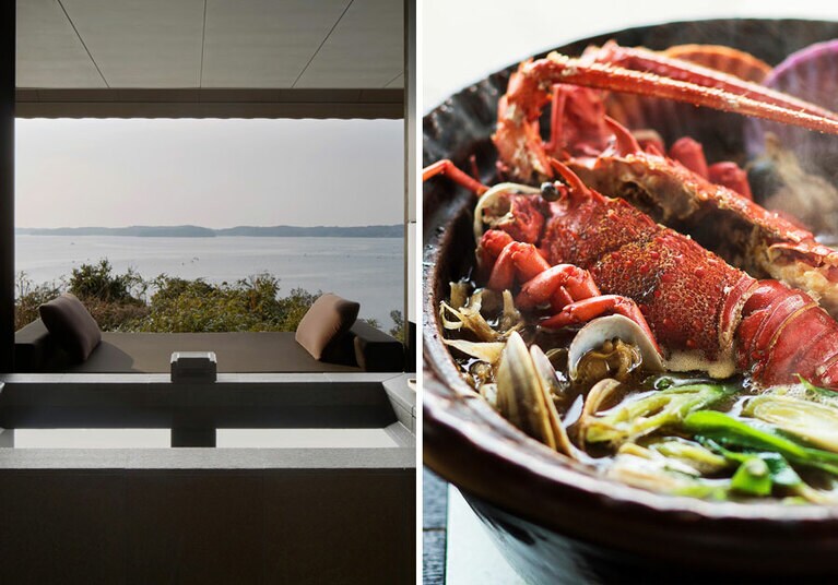 左：絶景と温泉に癒やされる「ナギスイート」のバスルーム。 
右：伊勢海老をはじめ、松阪牛、安乗ふぐなど、地元の高級食材を存分に。