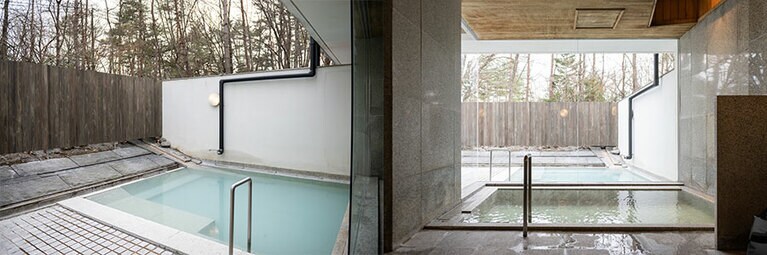 左：少しにごりのある“わたの湯”。右：室内の湯は”万代鉱（ばんだいこう）”。