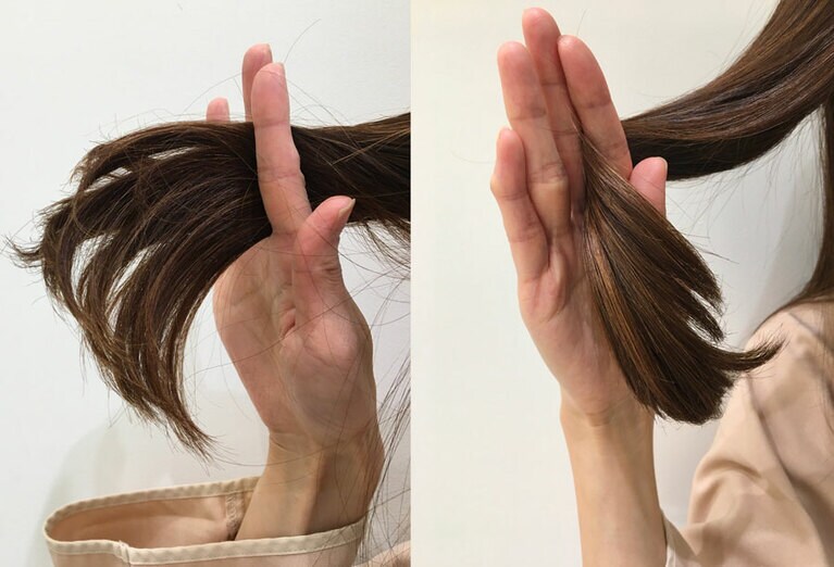 左：毛先ビフォー、右：毛先アフター。