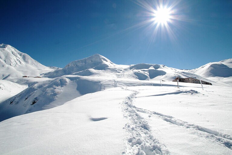 冬になると辺り一面、雪景色となる信濃大町。かまくら体験やかんじきトレッキングなどのアクティビティも楽しみだ(写真は、雪の室堂)。