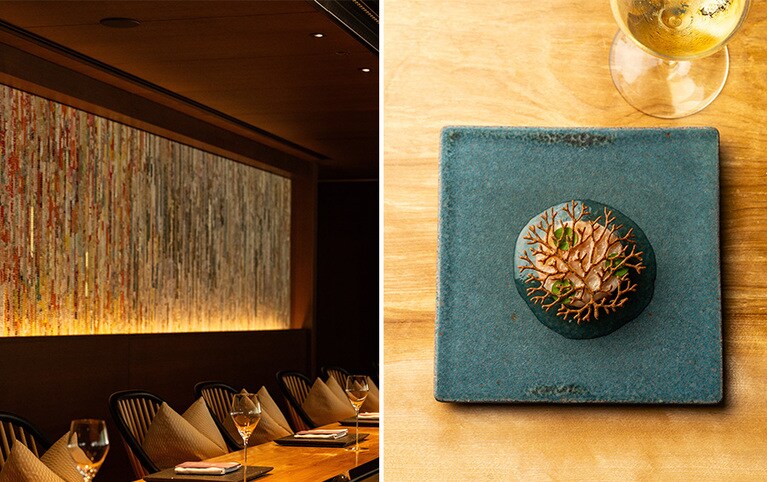 〈左〉店内にはテーブル席のほか、目前で料理が仕上がるのを眺めるカウンター席も。〈右〉スペシャリテの「くぬぎ鱒 西京味噌 いくら」など、これまでにないスタイルで食材の旨みを表現。