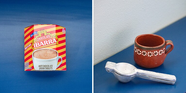 写真左：創業約100年の老舗「イバッラ」のホットチョコレート4.99ドル。写真右：ライム搾り器5.79ドル、素朴なカップ3.59ドル。