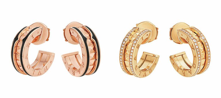 ビー・ゼロワン ロック イヤリング。写真左から18Kピンクゴールド(ブラックセラミック) 250,400円、18Kイエローゴールド(パヴェダイヤ)  580,000円。
