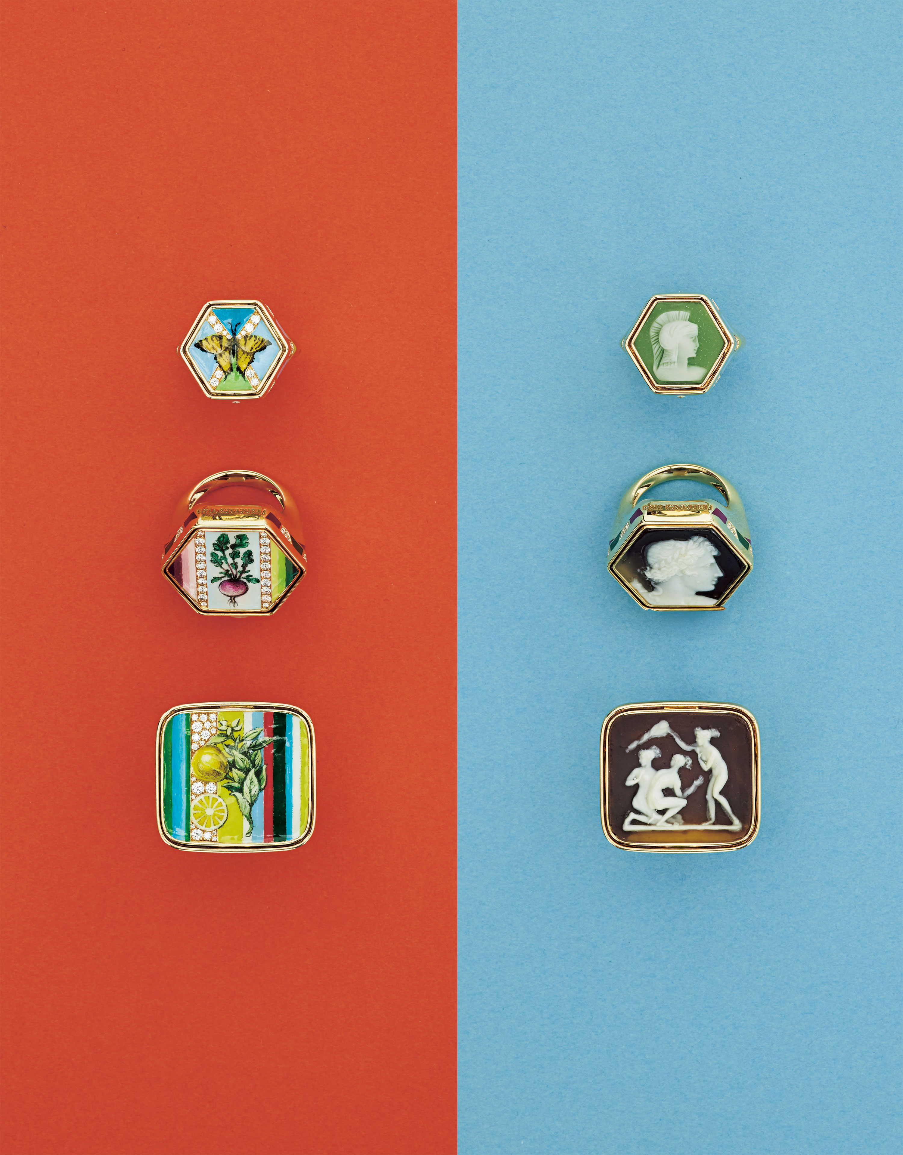 写真の左列と右列はそれぞれ同一商品でリバーシブル仕様になっているリング。片面はデザイナーのフランチェスカ氏が手描きした絵柄をロッククリスタルに彫り込み、エナメルで彩色したジュエリー、もう片面はヴィンテージカメオをセッティング。全て一点もの。リング＜上＞（YG×ダイヤモンド×エナメル） 1,480,160円、＜中＞（YG×ダイヤモンド×エナメル） 1,796,740円、＜下＞（YG×ダイヤモンド×エナメル） 2,103,530円／フランチェスカ ヴィラ（ドーバー ストリート マーケット ギンザ）