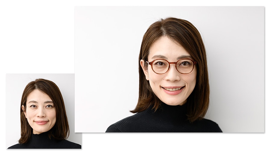 左は着用前。右はYUICHI TOYAMA「U-114 AMS」を着用。目元に彩りがプラスされフレッシュな印象に。