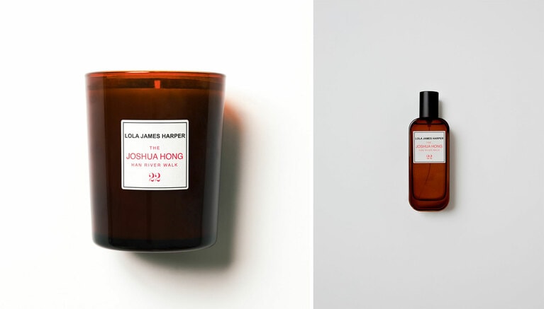 写真左から、ジョシュアのエナジースポット・漢江沿いの散歩道を表現した、抹茶、ウッド、ムスクの香りのコラボレーションキャンドル #22 THE JOSHUA HONG HAN RIVER WALK -SCENTED CANDLE 190g 12,100円、ルームスプレー #22 THE JOSHUA HONG HAN RIVER WALK - HOME SPRAY 50ml 12,100円。
