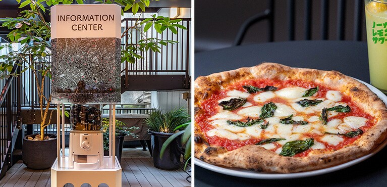 〈左〉この秋から宿泊ゲスト向けの新サービスとしてカプセルトイが登場。〈右〉オールデイダイニング「PIZZERIA ＆BAR NOHGA」では、薪窯で焼き立てのピッツァと濃厚レモンサワーをぜひ。