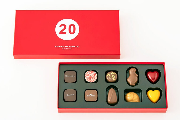 6月と9月限定(RED)：ピエール マルコリーニ 20周年アニバーサリー セレクション 10個入り 2,000円。