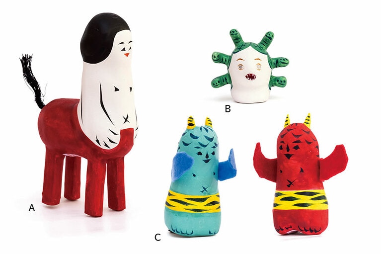 A：代表作のひとつ〈ケンタウロス〉1,200円。  B：〈メドゥーサヘッド〉2,700円。  C：〈赤鬼〉〈青鬼〉各1,000円。ちなみに〈黄鬼〉〈緑鬼〉〈白鬼〉もいるので、5体すべて揃えてみたい。