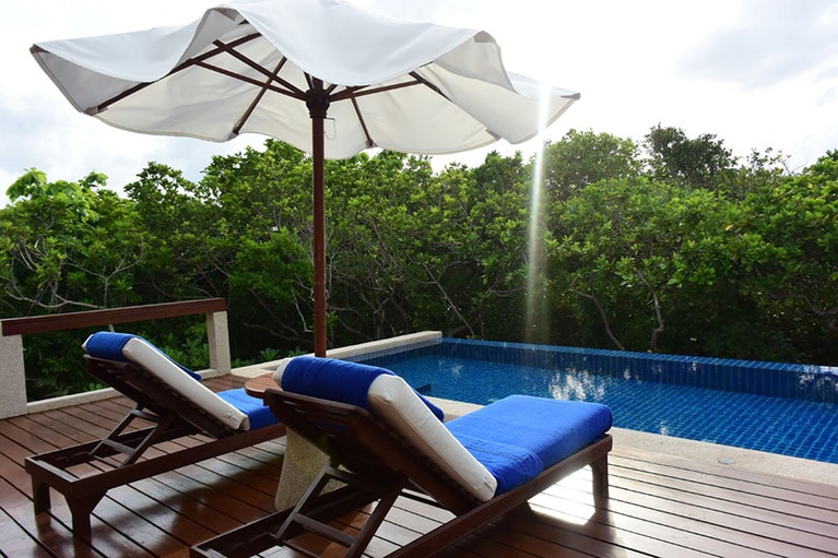 「ツリートップカシータ」のプランジプール付きタイプ。緑の中にプールが浮かんでいるよう。