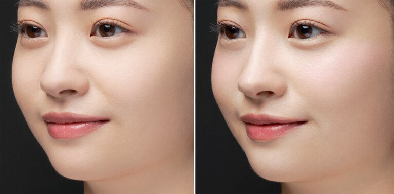 ケイト　ジュレリープコンシーラー PK 月酔の使用前（写真左）と使用後（写真右）。