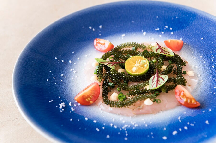 沖縄の魚、アカマチと海ぶどうのカルパッチョに8年ものの珠塩が添えられている。