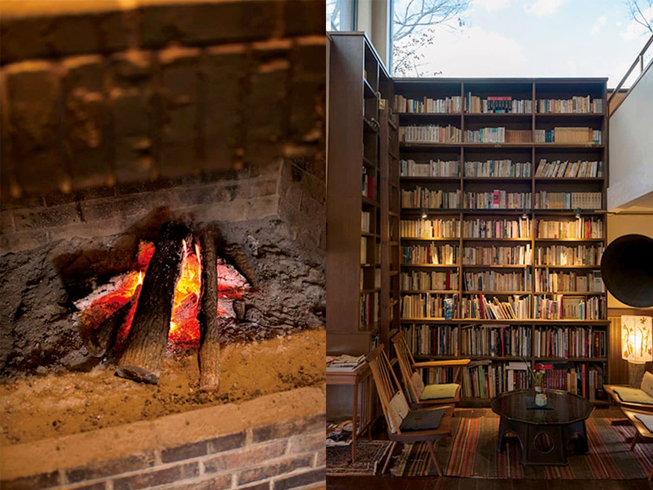 談話室には、天井まで届きそうな高さの本棚に、土地の食や文化、風土、建築、映画や音楽などの本が並ぶ。館内には趣のある家具たちがさり気なく配されている。談話室の奥には暖炉が。蓄音機から流れる音楽に耳を傾け、ゆったりと時を過ごしたい。