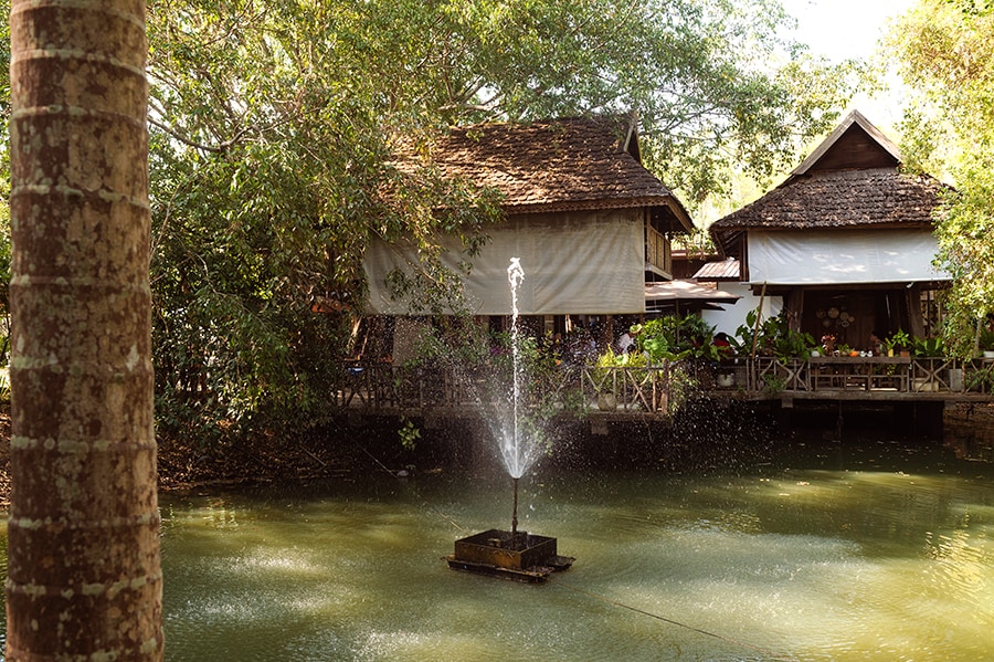 噴水を有する池を囲むように、敷地の随所にテーブルが配置されている。