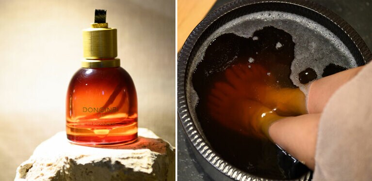 左：免税価格で購入できる1899 シグネチャーオイル W162,000。右：足湯にも紅参のオイルを。芯から温まる。