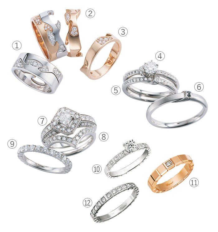 ①「フュージョン」＊各パーツすべて別売。エンドリング(WG×DIA)、(WG×DIA)、(RG×DIA)、②「フュージョン」＊各パーツすべて別売。センターリング(WG×DIA)、(RG×DIA)、③「フュージョン」＊各パーツすべて別売。エンドリング(RG×DIA) 各253,000円〜／ジョージ ジェンセン(ジョージ ジェンセン ジャパン)
④「フェデリング」エンゲージリング(PT×センターDIA0.23ct〜) 330,000円〜、⑤「フェデリング」マリッジリング(PT×DIA) 149,500円、⑥「フェデリング」(PT×ブラックDIA) 146,000円／エクセルコ ダイヤモンド(エクセルコ ダイヤモンド 東京本店)
⑦ エンゲージリング(PT×センターDIA0.34ct) 924,000円、⑧ マリッジリング(PT×DIA) 330,000円、⑨ (PT×DIA) 770,000円／ロイヤル・アッシャー(ロイヤル・アッシャー カスタマーサービス)
⑩「アイスキューブ」エンゲージリング(PT×センターDIA0.3ct〜) 616,000円〜、⑪「アイスキューブ」マリッジリング(RG×DIA) 236,500円〜、⑫「アイスキューブ」(PT×DIA) 379,500円〜／ショパール(ショパール ジャパン プレス)