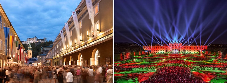 左：ザルツブルク音楽祭開催時の街の様子。2012年から同音楽祭のメインスポンサーを務めている。©Rolex/Ambroise Tzenas
右：毎年初夏にシェーンブルン宮殿で開催されるウィーン・フィルハーモニー管弦楽団のサマーナイトコンサート。2009年よりスポンサーを務めている。©Rolex/Julius Silver
