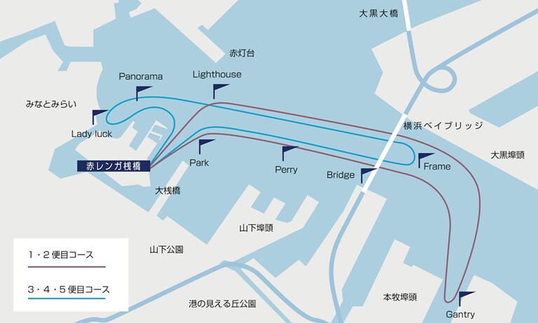 運航コースは、午前の1・2便は「よくばり！　ガントリークレーンまでコース」と、午後の3・4・5便は「ゆったり！　ベイブリッジみなとみらいコース」があります。