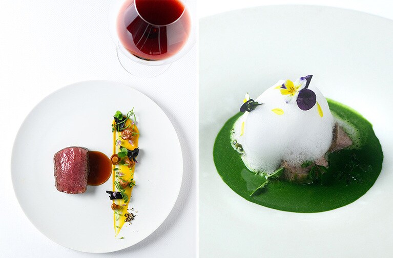 左：夏限定メニューから「鹿肉のロティ 鹿のジュ」。右：「乳飲み仔山羊のブランケット クレソンの香り」。