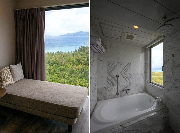 写真左：「クラブオーシャン」の広々としたリビングには、絶景に溶け込むようなインナーテラスが。写真右：バスルームから眺望を楽しめるタイプの客室も。