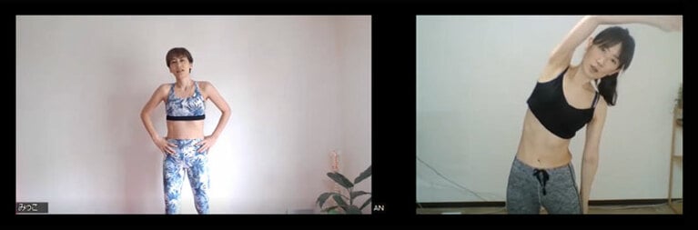 いろんなポーズで動きをチェック！　実は私、お腹周りにムダ肉があるのです。