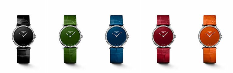 左から、クラシックブラック、スプリンググリーン、コバルトブルー、カーマインレッド、バーントオレンジ。クオーツムーブメントL420(ETA 282.001)、時/分機能、ラウンド型直径29mm、ステンレススティールケース、44個のトップ ウェッセルトンIF-VVSダイアモンド(0.369カラット)をセット、ブラックまたはグリーンまたはブルーまたはレッドまたはオレンジカラーラッカーポリッシュドダイアル、ポリッシュドシルバー針、3気圧 防水(30メートル)、サファイアクリスタル、ブラックまたはグリーンまたはブルーまたはレッドまたはオレンジカラー尾錠付きアリゲーターストラップ。予価433,400円。