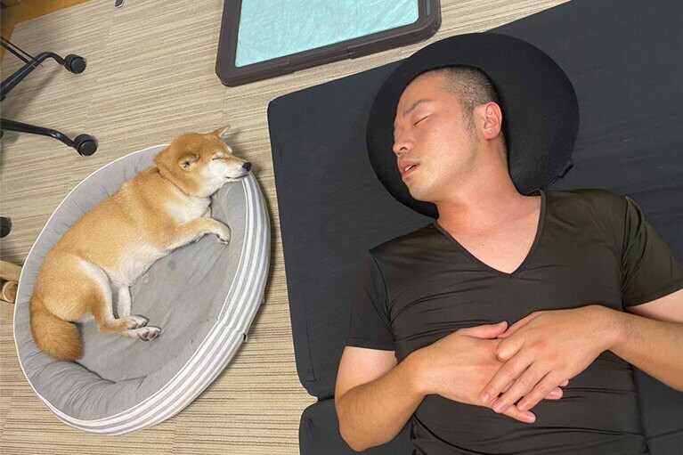 山名さんの隣でスヤスヤ眠るおまめちゃん。