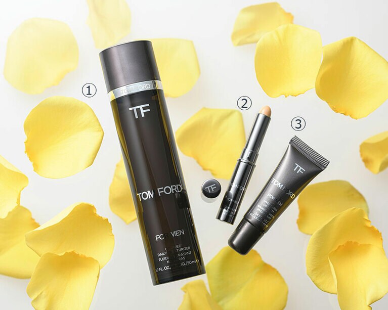 1. トム フォード フォー メン デイリー モイスチャライザー 50mL 16,000円／2. トム フォード フォー メン コンシーラー(ミディアム) 6,400円／3. トム フォード フォー メン ハイドレイティング リップ バーム 3,800円