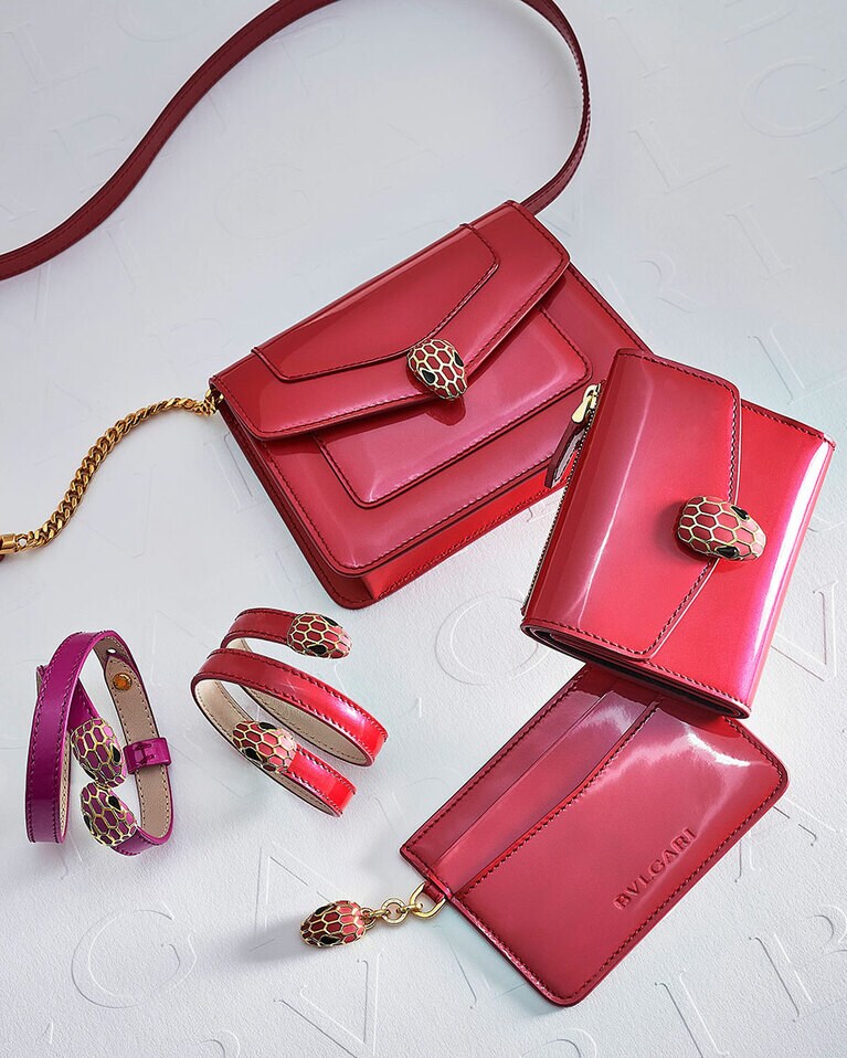 上から時計回りに「セルペンティ」クロスボディ ミニバッグ 75,000円、「セルペンティ」ウォレット 70,000円、「セルペンティ」クレジットカードホルダー 36,000円、「セルペンティ」ブレスレット 各49,000円。