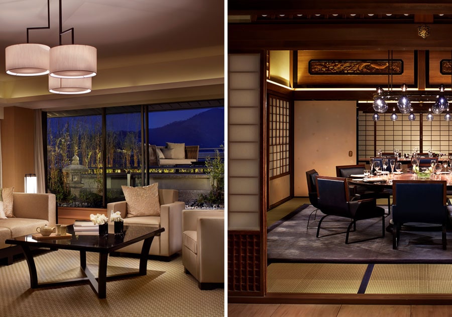 左：贅沢な滞在を満喫できる月見台付きスイート。 
右：レストラン「ラ・ロカンダ」には、風格ある空間「夷川邸」が。