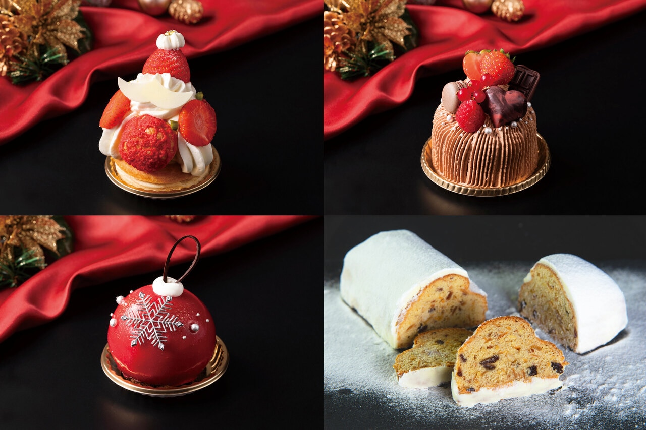 左上から時計回りに、「サントノレ・ペール・ノエル」900円、「ジェム・ル・ショコラ」900円、「クリスマスシュトーレン」大2,200円・小1,200円、「ラムール・ドゥ・ディウ」800円（すべて税込）。