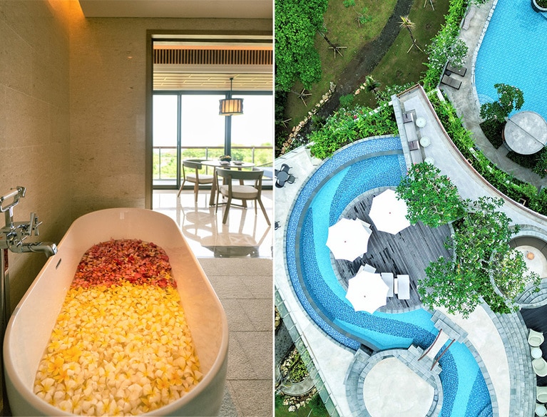 〈左〉肩まで湯に浸かれるゆったりとしたバスタブもうれしい。〈右〉2つのプールがゲストを歓迎。