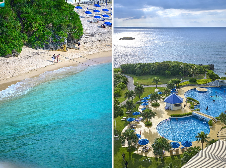 〈左〉穏やかに波が打ち寄せる万座ビーチ。〈右〉ガーデンプールと、その向こうに広がる東シナ海が独自の楽園風景をつくり出します。