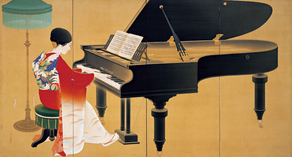 中村大三郎《ピアノ》1926年。日本画の手法で当時の風俗が、服装髪型に至るまで精細に描かれている。
