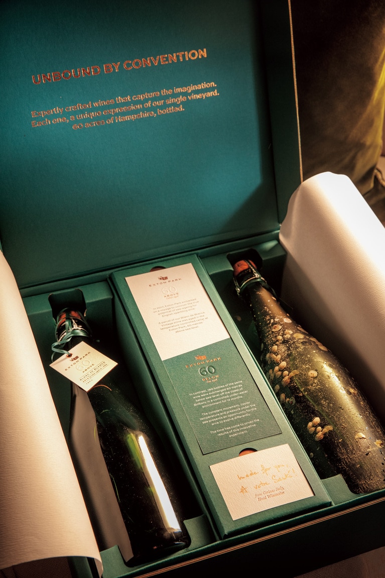 「ブラン・ド・ノワール ヴィンテージ2014」のセラー熟成（左）と、海底熟成（右）という異なる進化を比較できる限定セットは2025年秋発売予定。