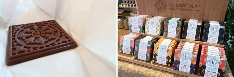 さまざまなフレーバーがあるが、写真のチョコレートは、一律で32ディルハム（約1200円）。「NO STRESS HERE」「EAT YOUR GREENS」などネーミングもユニーク。チリパウダーをふんだんに使ったチョコレートや、コラーゲンの入ったチョコレートなど、体に良い作用をもたらすチョコレートを作っている。