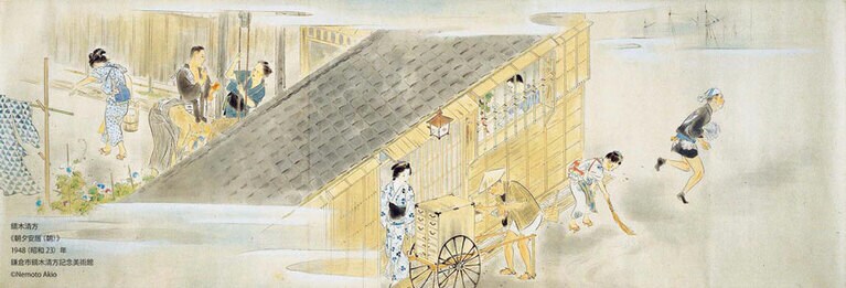 鏑木清方《朝夕安居(朝)》1948(昭和23)年、 鎌倉市鏑木清方記念美術館、3月18日～4月3日展示、絹本彩色・画巻、42.2×124.0cm ©Nemoto Akio