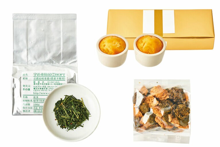 【茶の葉】宇治童仙房 100g、栗マドレーヌ 2個、コイン焼 80g 計2,700円(税込)／宇治童仙房　※賞味・消費期限：宇治童仙房＝常温3カ月／冷凍6カ月、栗マドレーヌ＝2週間、コイン焼＝1カ月